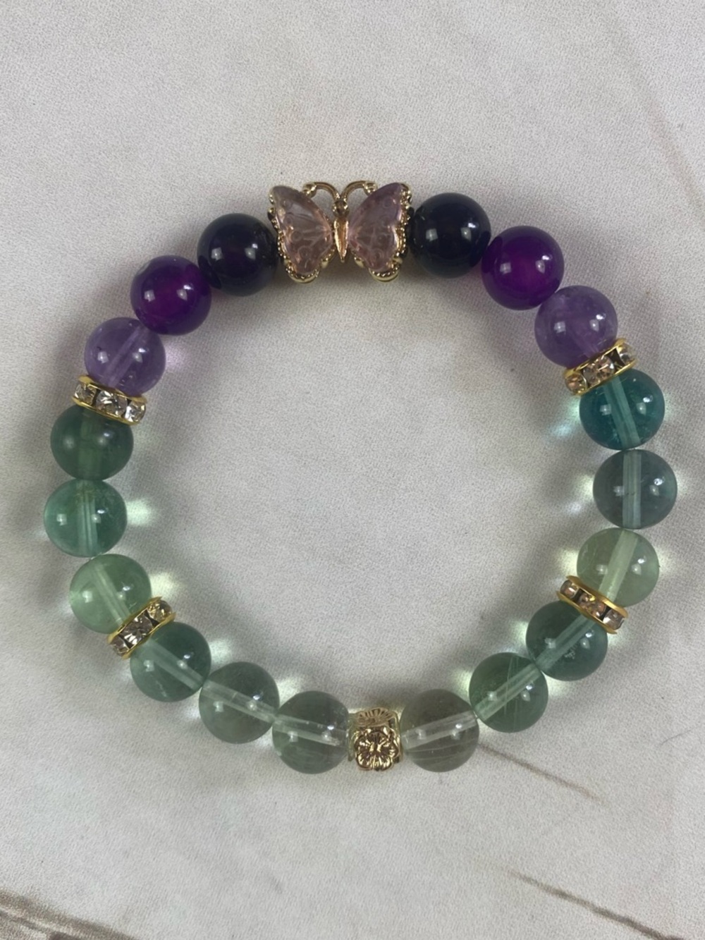 Green & Purple Fluorite Bracelet - Fluorite Butterfly Beaded Stretch Bracelet